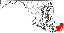 Maryland Map showing Worcester County